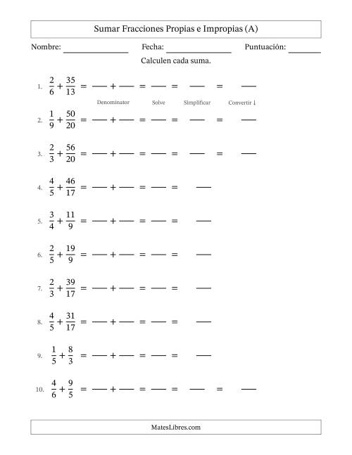La hoja de ejercicios de Sumar Fracciones con Denominadores Diferentes -- Sumar Fracciones Impropias con Resultado de Fracciones Mixtas (A)