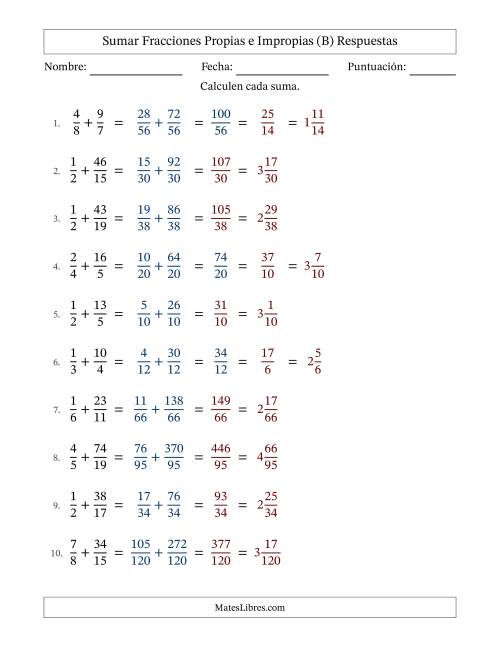 La hoja de ejercicios de Sumar fracciones propias e impropias con denominadores diferentes, resultados en fracciones mixtas y con alguna simplificación (Rellenable) (B) Página 2