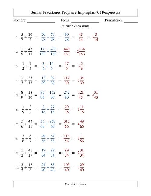 La hoja de ejercicios de Sumar fracciones propias e impropias con denominadores diferentes, resultados en fracciones mixtas y con alguna simplificación (Rellenable) (C) Página 2