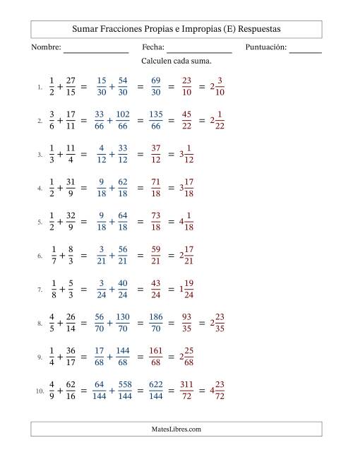 La hoja de ejercicios de Sumar fracciones propias e impropias con denominadores diferentes, resultados en fracciones mixtas y con alguna simplificación (Rellenable) (E) Página 2
