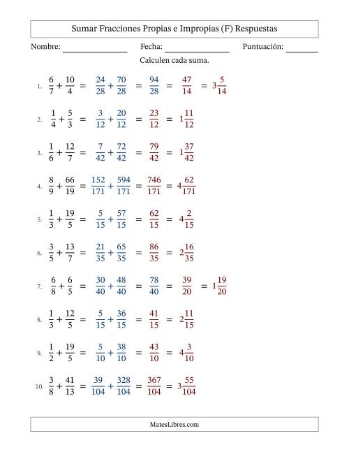 La hoja de ejercicios de Sumar fracciones propias e impropias con denominadores diferentes, resultados en fracciones mixtas y con alguna simplificación (Rellenable) (F) Página 2