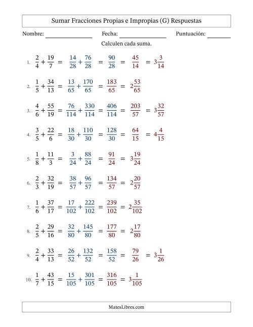 La hoja de ejercicios de Sumar fracciones propias e impropias con denominadores diferentes, resultados en fracciones mixtas y con alguna simplificación (Rellenable) (G) Página 2