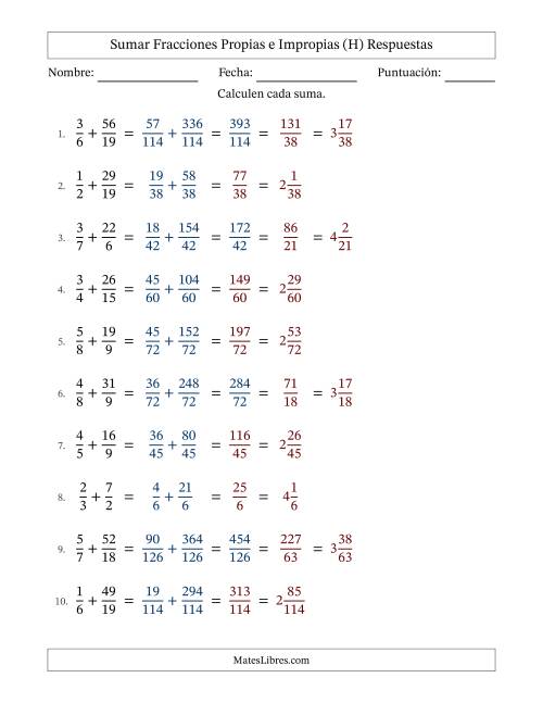La hoja de ejercicios de Sumar fracciones propias e impropias con denominadores diferentes, resultados en fracciones mixtas y con alguna simplificación (Rellenable) (H) Página 2