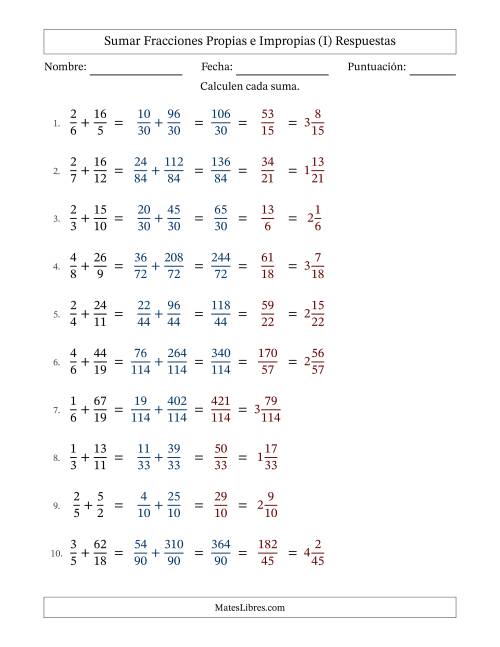 La hoja de ejercicios de Sumar fracciones propias e impropias con denominadores diferentes, resultados en fracciones mixtas y con alguna simplificación (Rellenable) (I) Página 2