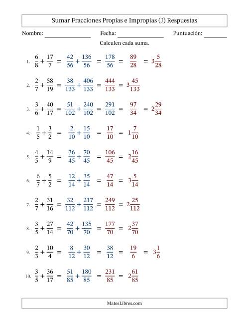 La hoja de ejercicios de Sumar fracciones propias e impropias con denominadores diferentes, resultados en fracciones mixtas y con alguna simplificación (Rellenable) (J) Página 2
