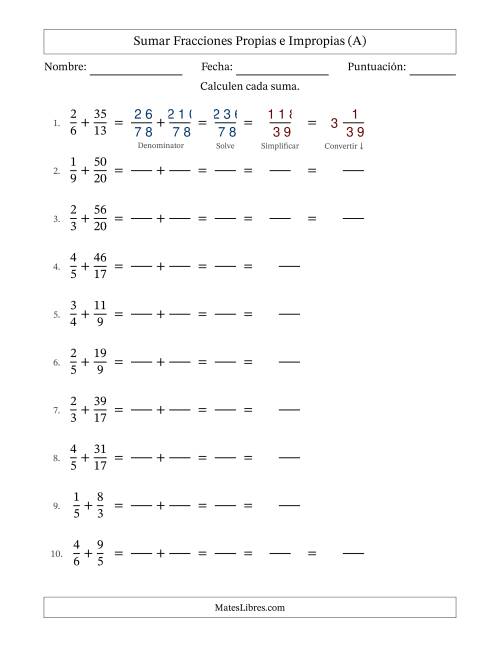 La hoja de ejercicios de Sumar fracciones propias e impropias con denominadores diferentes, resultados en fracciones mixtas y con alguna simplificación (Rellenable) (Todas)