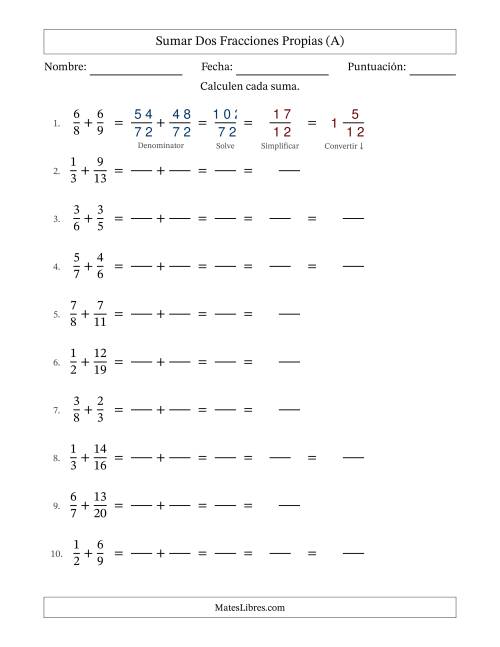 La hoja de ejercicios de Sumar dos fracciones propias con denominadores diferentes, resultados en fracciones mixtas y con alguna simplificación (Rellenable) (Todas)