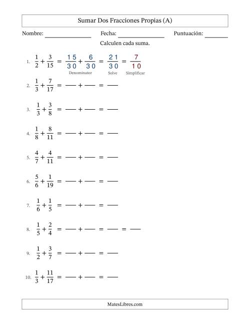 La hoja de ejercicios de Sumar dos fracciones propias con denominadores diferentes, resultados en fracciones propias y con alguna simplificación (Rellenable) (Todas)