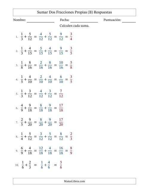 La hoja de ejercicios de Sumar dos fracciones propias con denominadores similares, resultados en fracciones propias y con alguna simplificación (Rellenable) (B) Página 2