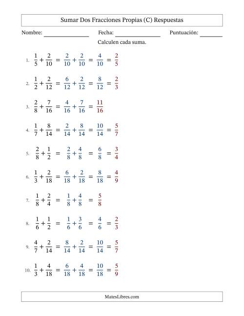 La hoja de ejercicios de Sumar dos fracciones propias con denominadores similares, resultados en fracciones propias y con alguna simplificación (Rellenable) (C) Página 2