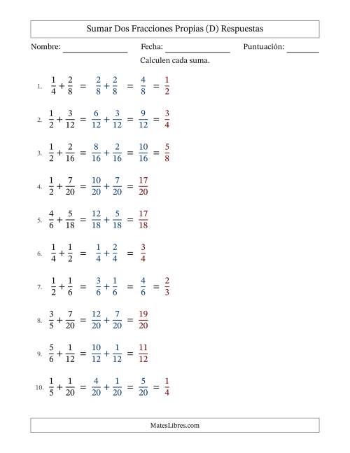 La hoja de ejercicios de Sumar dos fracciones propias con denominadores similares, resultados en fracciones propias y con alguna simplificación (Rellenable) (D) Página 2