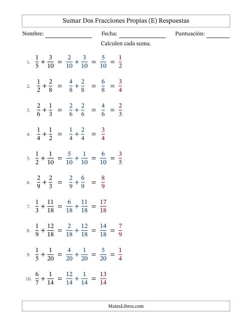 La hoja de ejercicios de Sumar dos fracciones propias con denominadores similares, resultados en fracciones propias y con alguna simplificación (Rellenable) (E) Página 2