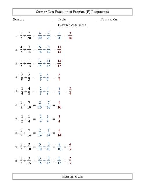La hoja de ejercicios de Sumar dos fracciones propias con denominadores similares, resultados en fracciones propias y con alguna simplificación (Rellenable) (F) Página 2