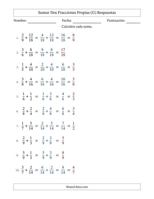 La hoja de ejercicios de Sumar dos fracciones propias con denominadores similares, resultados en fracciones propias y con alguna simplificación (Rellenable) (G) Página 2