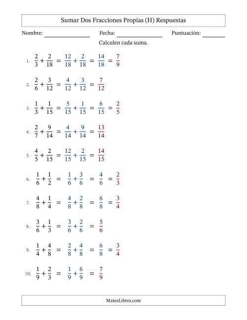 La hoja de ejercicios de Sumar dos fracciones propias con denominadores similares, resultados en fracciones propias y con alguna simplificación (Rellenable) (H) Página 2