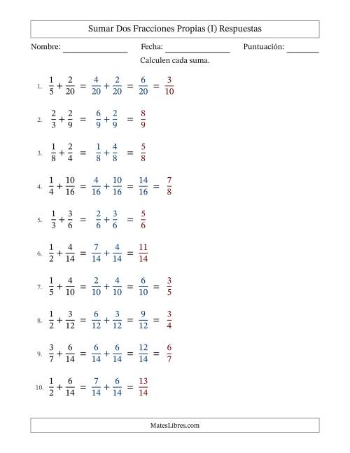 La hoja de ejercicios de Sumar dos fracciones propias con denominadores similares, resultados en fracciones propias y con alguna simplificación (Rellenable) (I) Página 2