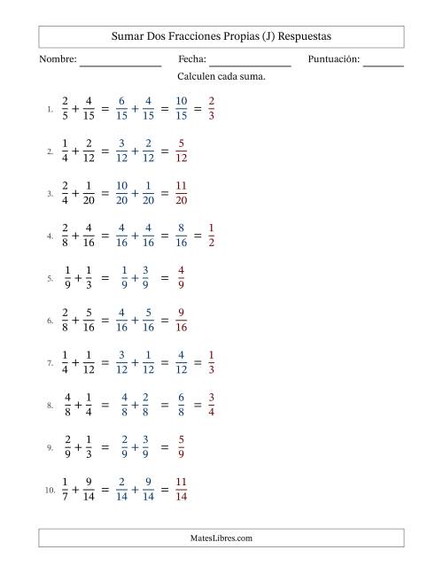 La hoja de ejercicios de Sumar dos fracciones propias con denominadores similares, resultados en fracciones propias y con alguna simplificación (Rellenable) (J) Página 2