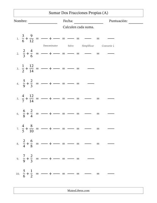 La hoja de ejercicios de Sumar Fracciones con Denominadores Sencillos -- Sumar Fracciones Propias con Resultado de Fracciones Mixtas (A)