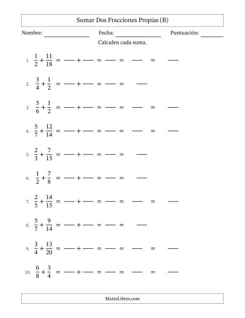 La hoja de ejercicios de Sumar Fracciones con Denominadores Sencillos -- Sumar Fracciones Propias con Resultado de Fracciones Mixtas (B)