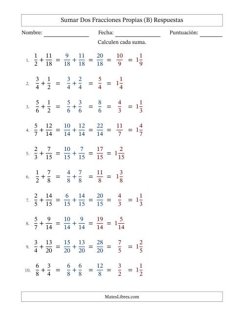 La hoja de ejercicios de Sumar Fracciones con Denominadores Sencillos -- Sumar Fracciones Propias con Resultado de Fracciones Mixtas (B) Página 2