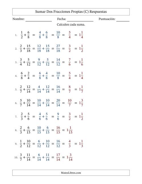 La hoja de ejercicios de Sumar dos fracciones propias con denominadores similares, resultados en fracciones mixtas y con alguna simplificación (Rellenable) (C) Página 2