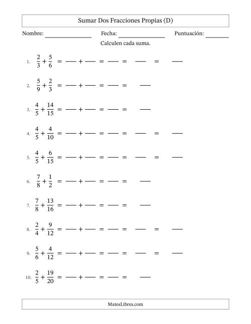 La hoja de ejercicios de Sumar Fracciones con Denominadores Sencillos -- Sumar Fracciones Propias con Resultado de Fracciones Mixtas (D)