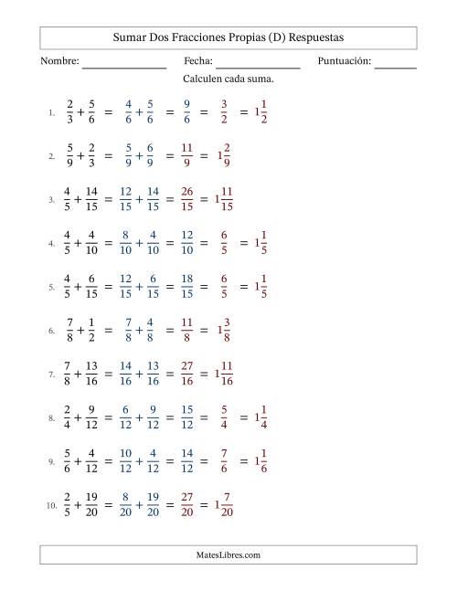 La hoja de ejercicios de Sumar dos fracciones propias con denominadores similares, resultados en fracciones mixtas y con alguna simplificación (Rellenable) (D) Página 2