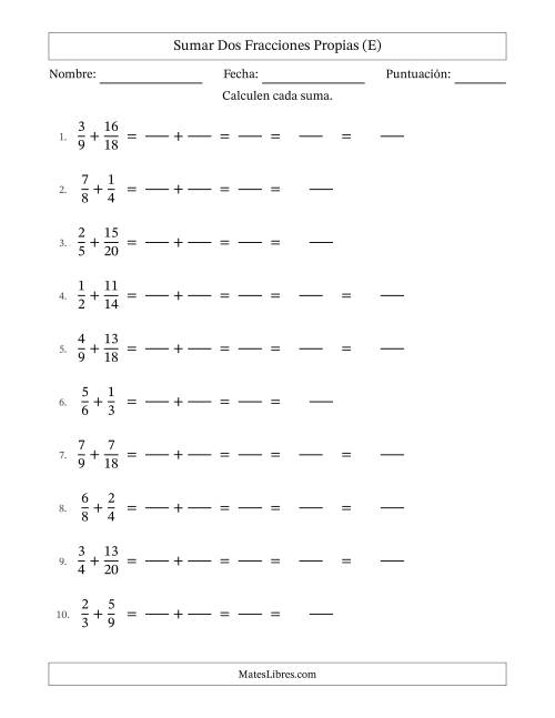 La hoja de ejercicios de Sumar Fracciones con Denominadores Sencillos -- Sumar Fracciones Propias con Resultado de Fracciones Mixtas (E)