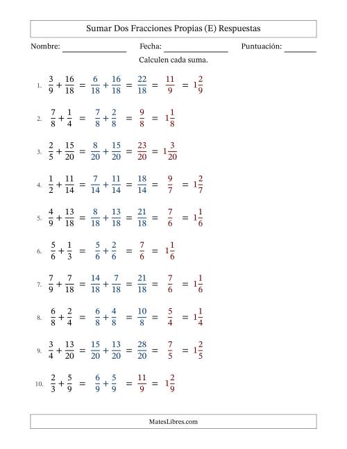 La hoja de ejercicios de Sumar dos fracciones propias con denominadores similares, resultados en fracciones mixtas y con alguna simplificación (Rellenable) (E) Página 2
