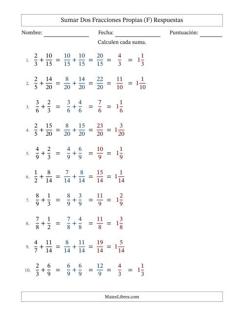 La hoja de ejercicios de Sumar dos fracciones propias con denominadores similares, resultados en fracciones mixtas y con alguna simplificación (Rellenable) (F) Página 2