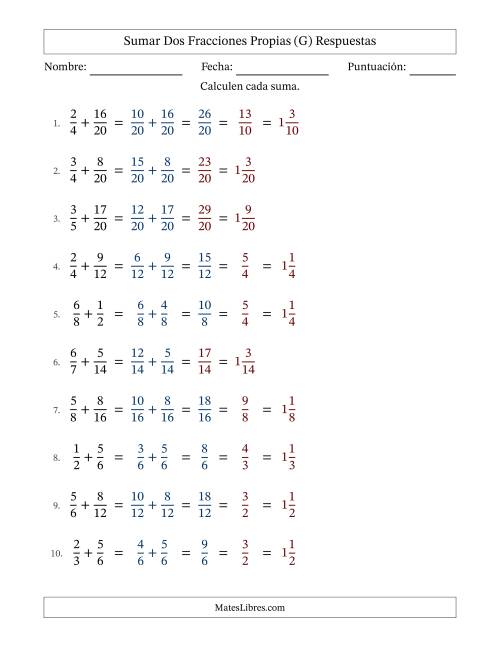 La hoja de ejercicios de Sumar dos fracciones propias con denominadores similares, resultados en fracciones mixtas y con alguna simplificación (Rellenable) (G) Página 2