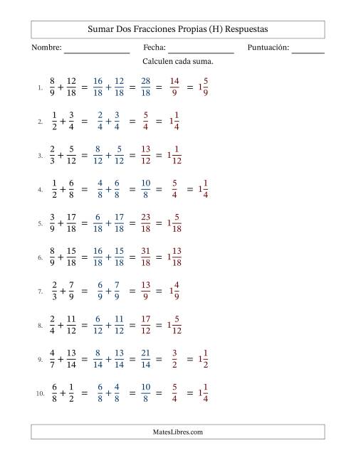 La hoja de ejercicios de Sumar dos fracciones propias con denominadores similares, resultados en fracciones mixtas y con alguna simplificación (Rellenable) (H) Página 2