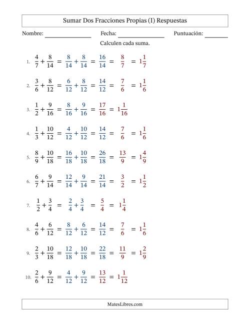 La hoja de ejercicios de Sumar dos fracciones propias con denominadores similares, resultados en fracciones mixtas y con alguna simplificación (Rellenable) (I) Página 2