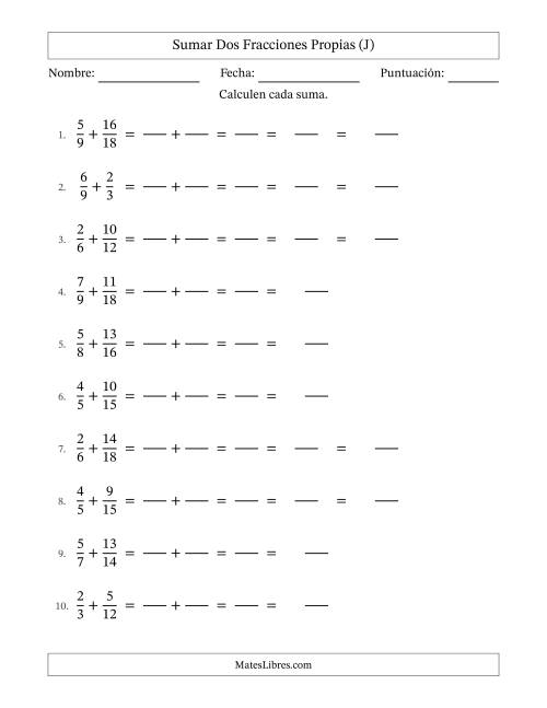 La hoja de ejercicios de Sumar Fracciones con Denominadores Sencillos -- Sumar Fracciones Propias con Resultado de Fracciones Mixtas (J)