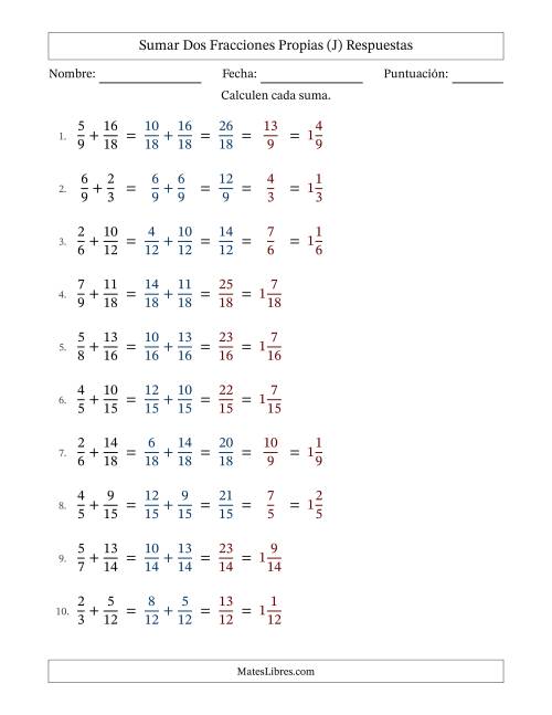 La hoja de ejercicios de Sumar dos fracciones propias con denominadores similares, resultados en fracciones mixtas y con alguna simplificación (Rellenable) (J) Página 2