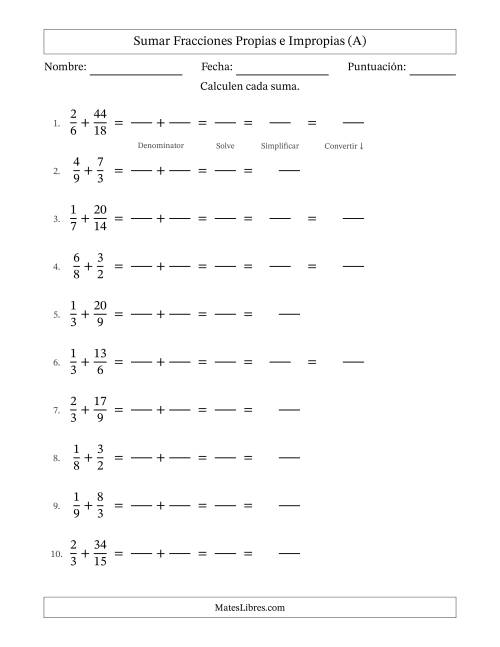 La hoja de ejercicios de Sumar Fracciones con Denominadores Sencillos -- Sumar Fracciones Impropias con Resultado de Fracciones Mixtas (A)