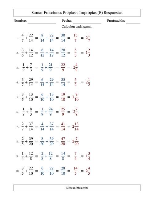 La hoja de ejercicios de Sumar fracciones propias e impropias con denominadores similares, resultados en fracciones mixtas y con alguna simplificación (Rellenable) (B) Página 2
