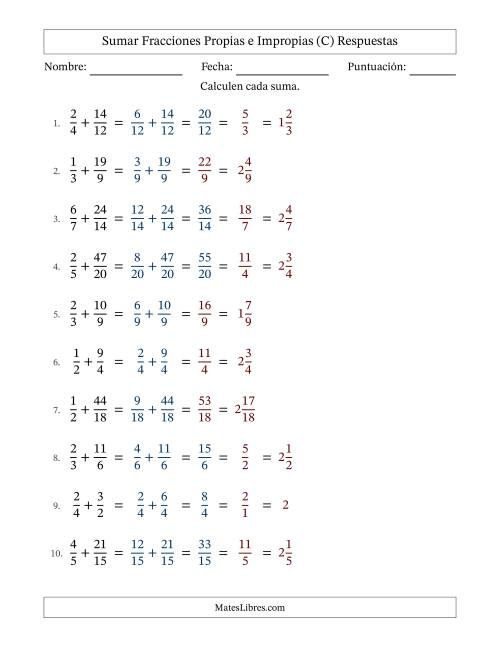 La hoja de ejercicios de Sumar fracciones propias e impropias con denominadores similares, resultados en fracciones mixtas y con alguna simplificación (Rellenable) (C) Página 2