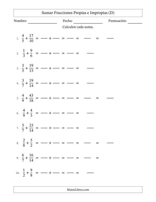 La hoja de ejercicios de Sumar Fracciones con Denominadores Sencillos -- Sumar Fracciones Impropias con Resultado de Fracciones Mixtas (D)