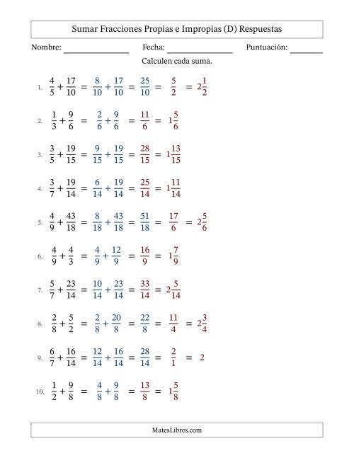 La hoja de ejercicios de Sumar fracciones propias e impropias con denominadores similares, resultados en fracciones mixtas y con alguna simplificación (Rellenable) (D) Página 2