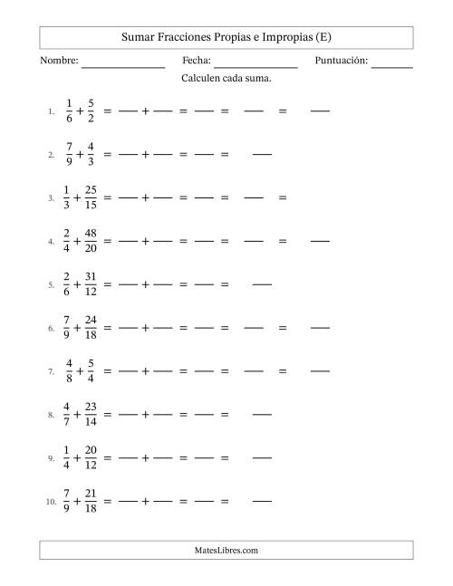 La hoja de ejercicios de Sumar Fracciones con Denominadores Sencillos -- Sumar Fracciones Impropias con Resultado de Fracciones Mixtas (E)