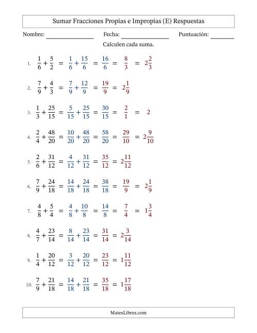 La hoja de ejercicios de Sumar fracciones propias e impropias con denominadores similares, resultados en fracciones mixtas y con alguna simplificación (Rellenable) (E) Página 2