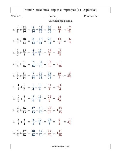 La hoja de ejercicios de Sumar fracciones propias e impropias con denominadores similares, resultados en fracciones mixtas y con alguna simplificación (Rellenable) (F) Página 2