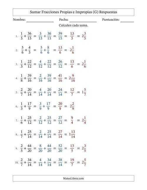 La hoja de ejercicios de Sumar fracciones propias e impropias con denominadores similares, resultados en fracciones mixtas y con alguna simplificación (Rellenable) (G) Página 2