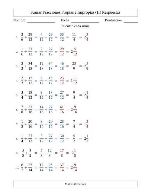 La hoja de ejercicios de Sumar fracciones propias e impropias con denominadores similares, resultados en fracciones mixtas y con alguna simplificación (Rellenable) (H) Página 2
