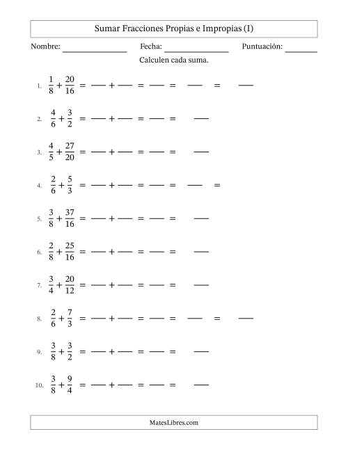 La hoja de ejercicios de Sumar Fracciones con Denominadores Sencillos -- Sumar Fracciones Impropias con Resultado de Fracciones Mixtas (I)