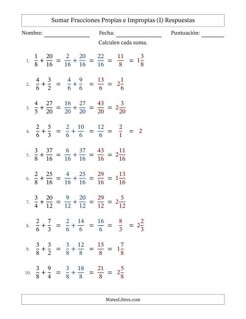 La hoja de ejercicios de Sumar fracciones propias e impropias con denominadores similares, resultados en fracciones mixtas y con alguna simplificación (Rellenable) (I) Página 2