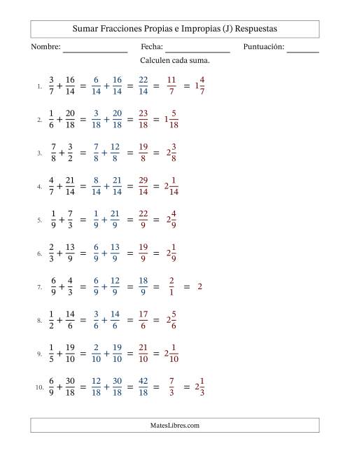 La hoja de ejercicios de Sumar fracciones propias e impropias con denominadores similares, resultados en fracciones mixtas y con alguna simplificación (Rellenable) (J) Página 2