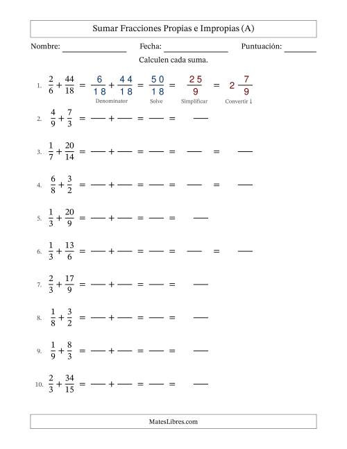 La hoja de ejercicios de Sumar fracciones propias e impropias con denominadores similares, resultados en fracciones mixtas y con alguna simplificación (Rellenable) (Todas)