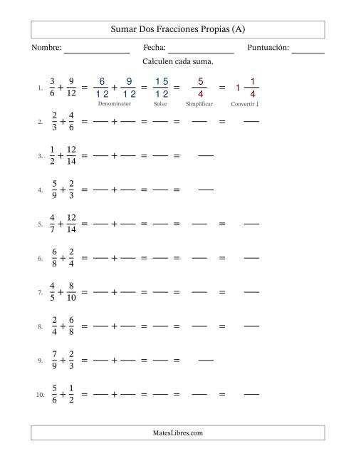 La hoja de ejercicios de Sumar dos fracciones propias con denominadores similares, resultados en fracciones mixtas y con alguna simplificación (Rellenable) (Todas)